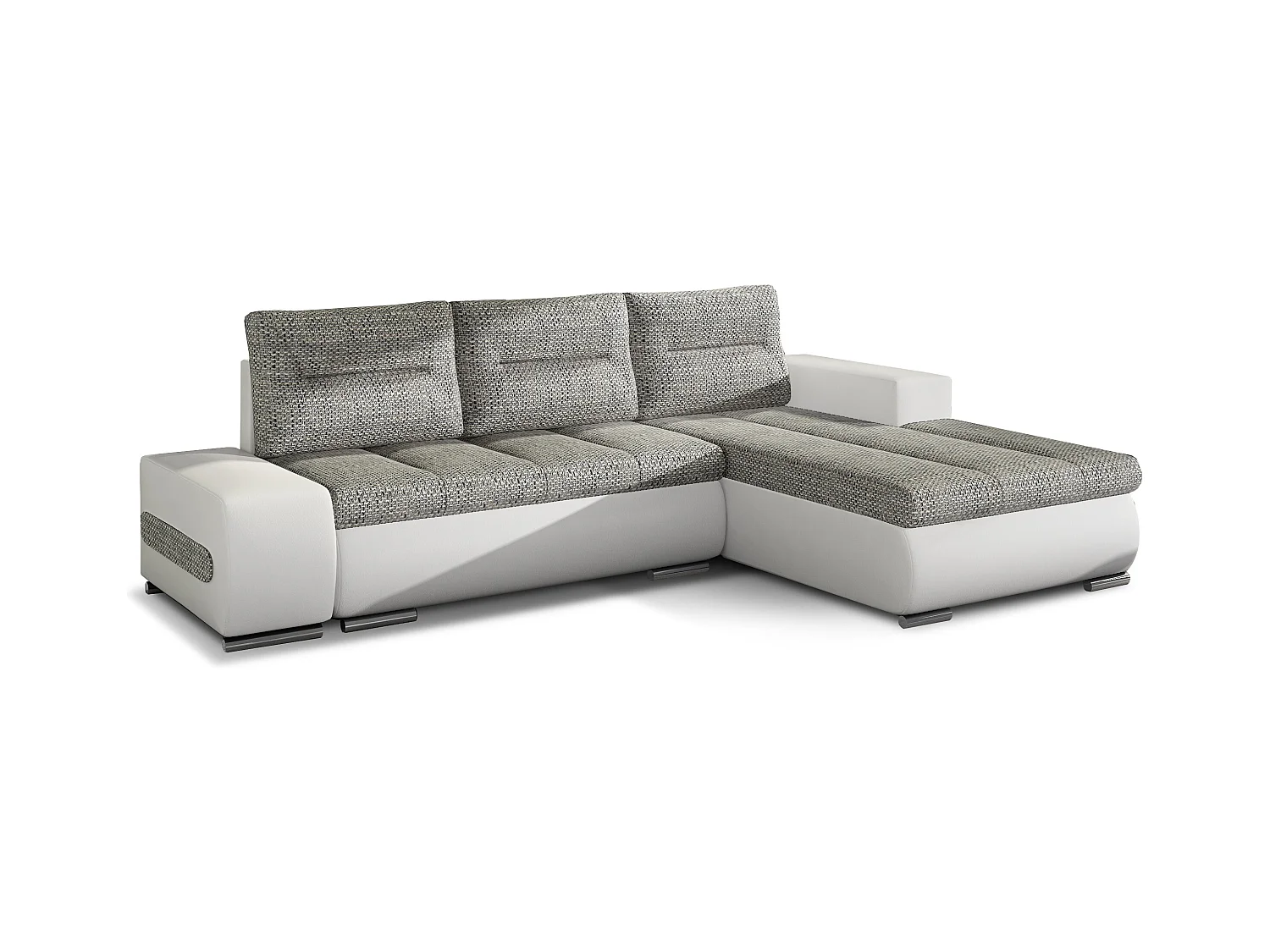 Canapé convertible angle droit tissu gris clair chiné et simili blanc Waker 275cm