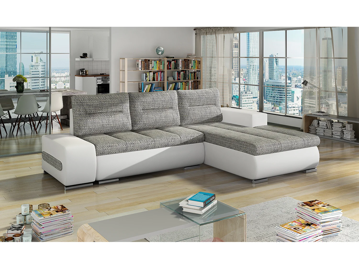 Canapé convertible angle droit tissu gris clair chiné et simili blanc Waker 275cm