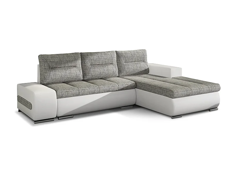 Canapé convertible angle droit tissu gris clair chiné et simili blanc Waker 275cm