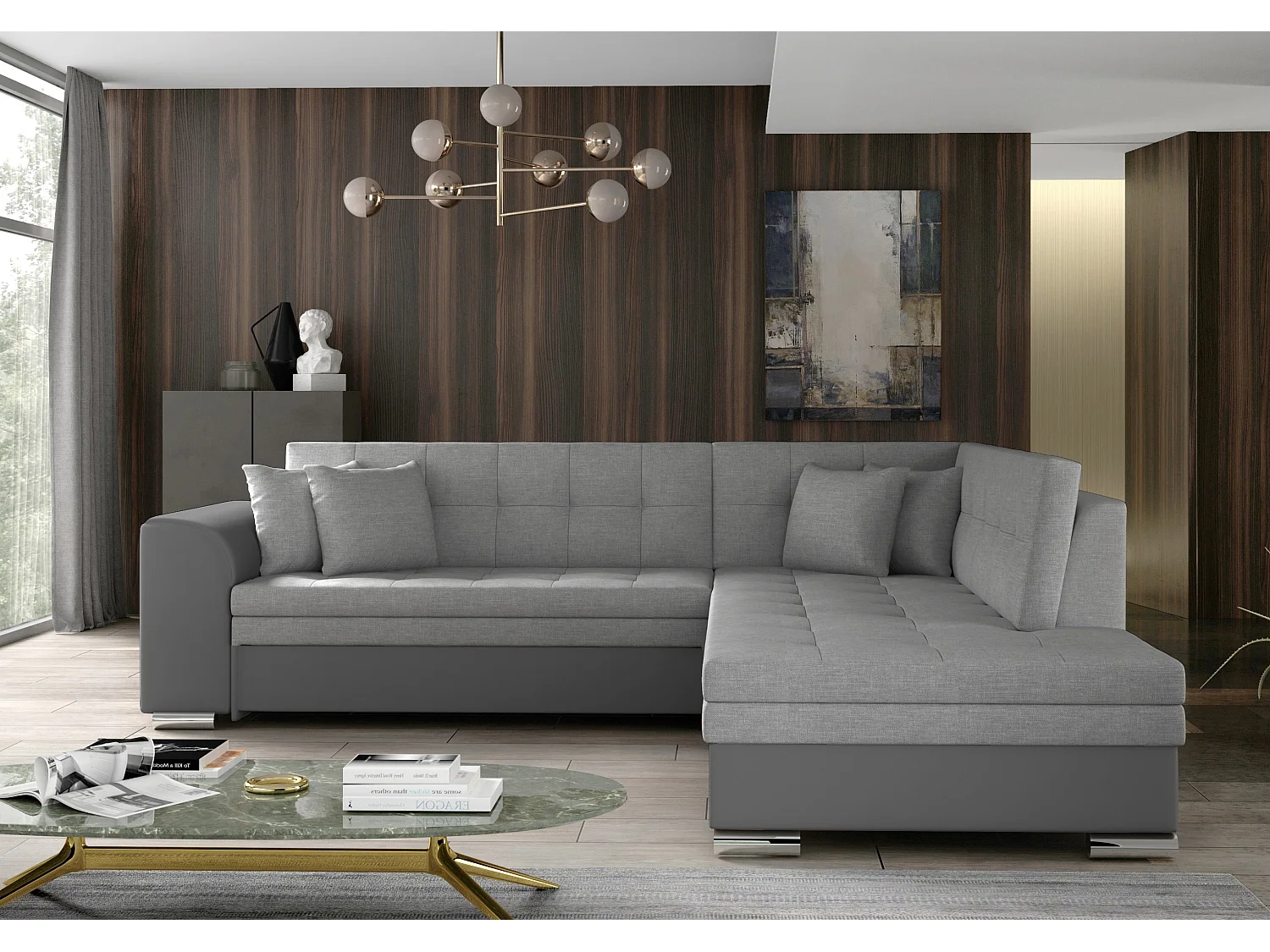 Canapé convertible angle droit tissu gris clair et simili gris Pika 260cm