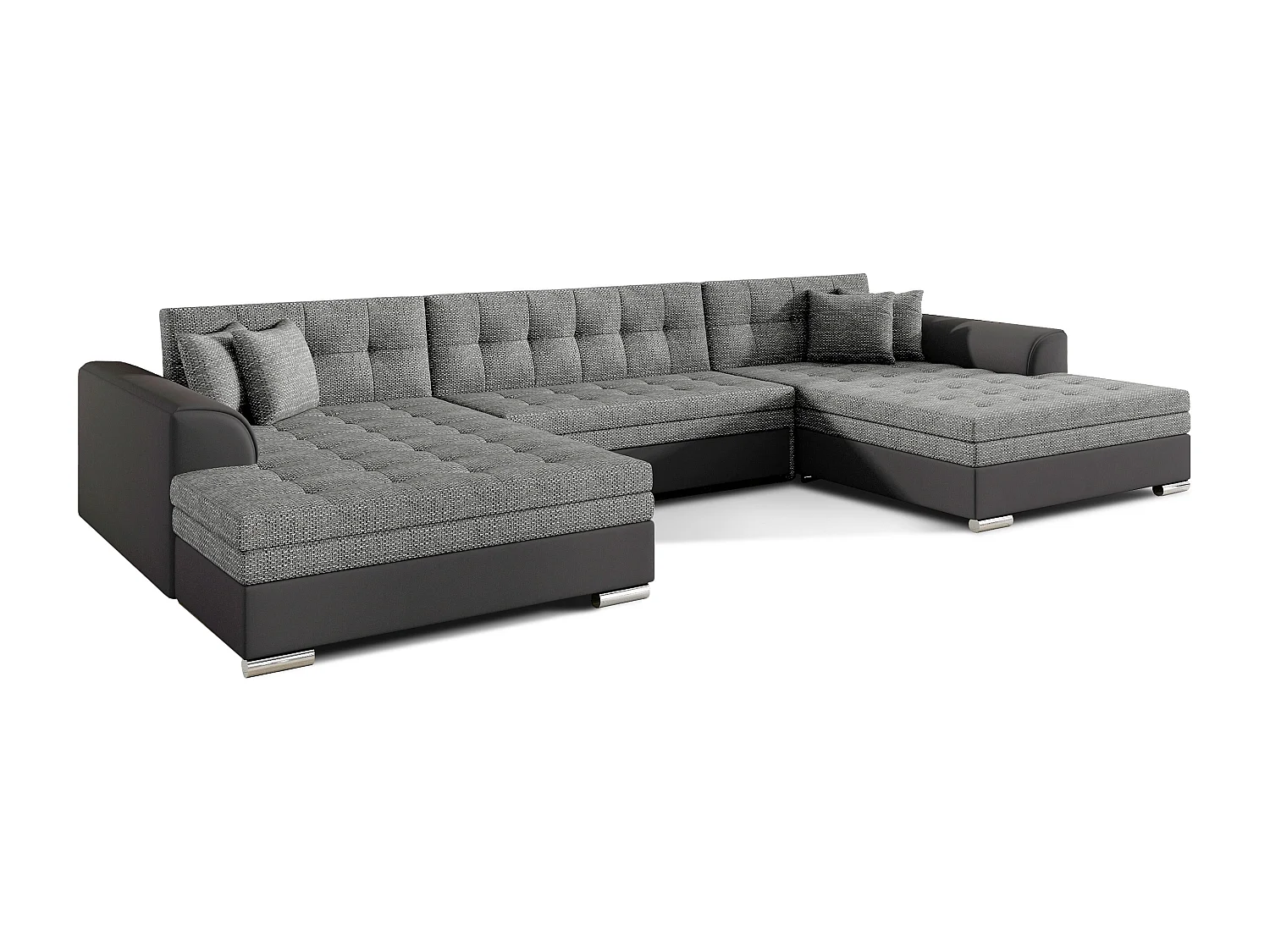 Grand canapé panoramique convertible tissu noir chiné et simili cuir noir Vira 359cm