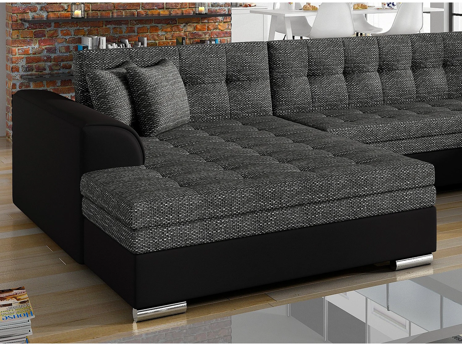 Grand canapé panoramique convertible tissu noir chiné et simili cuir noir Vira 359cm