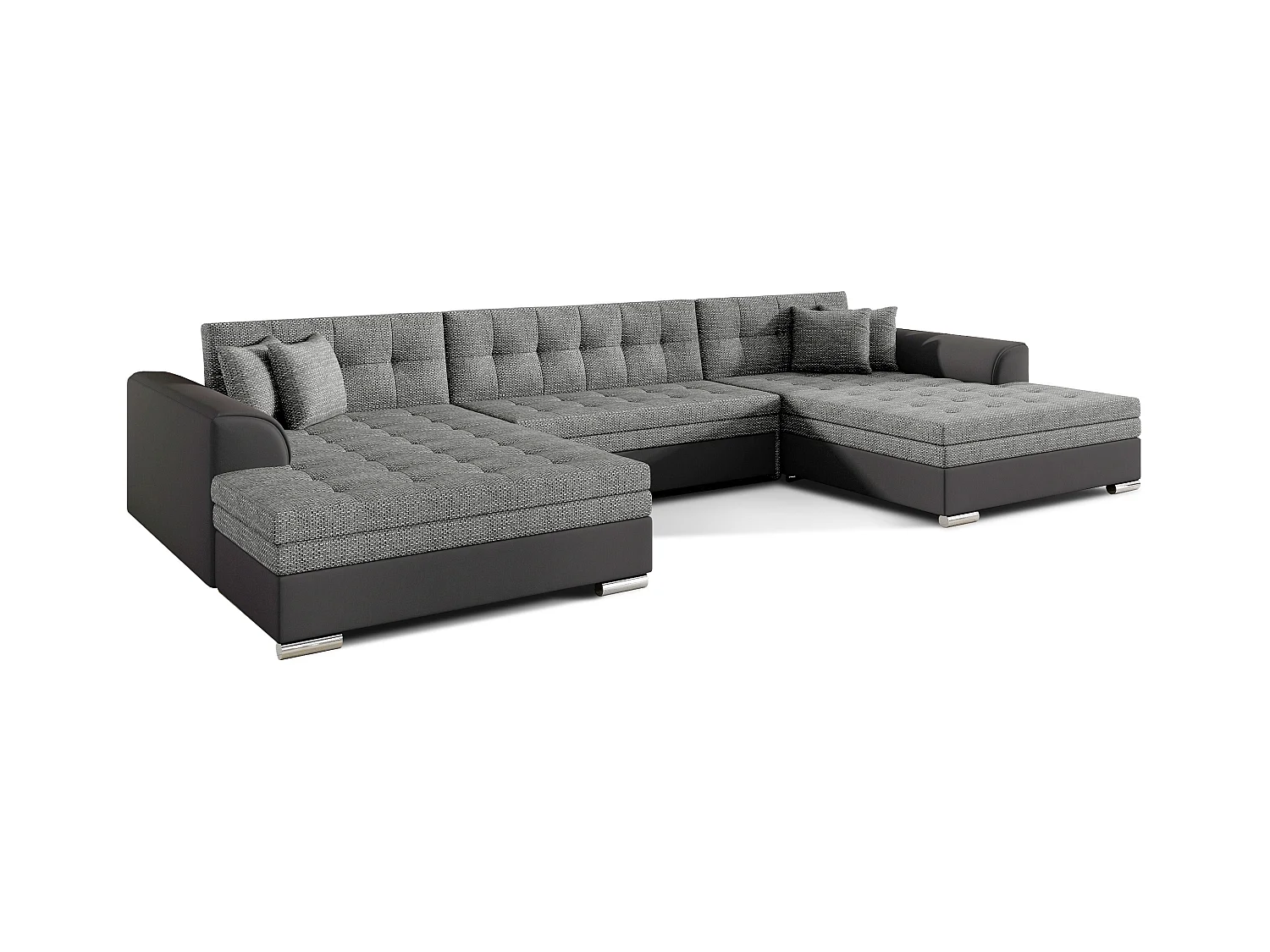 Grand canapé panoramique convertible tissu noir chiné et simili cuir noir Vira 359cm