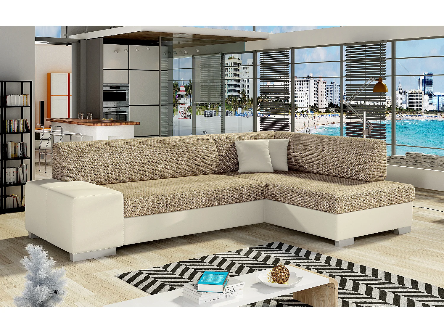 Canapé convertible angle droit simili cuir beige et tissu beige clair chiné Polky 272cm