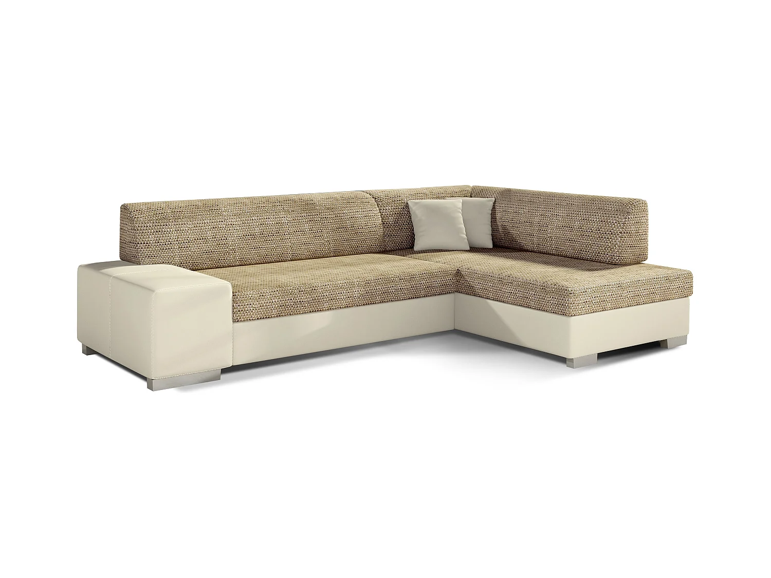 Canapé convertible angle droit simili cuir beige et tissu beige clair chiné Polky 272cm