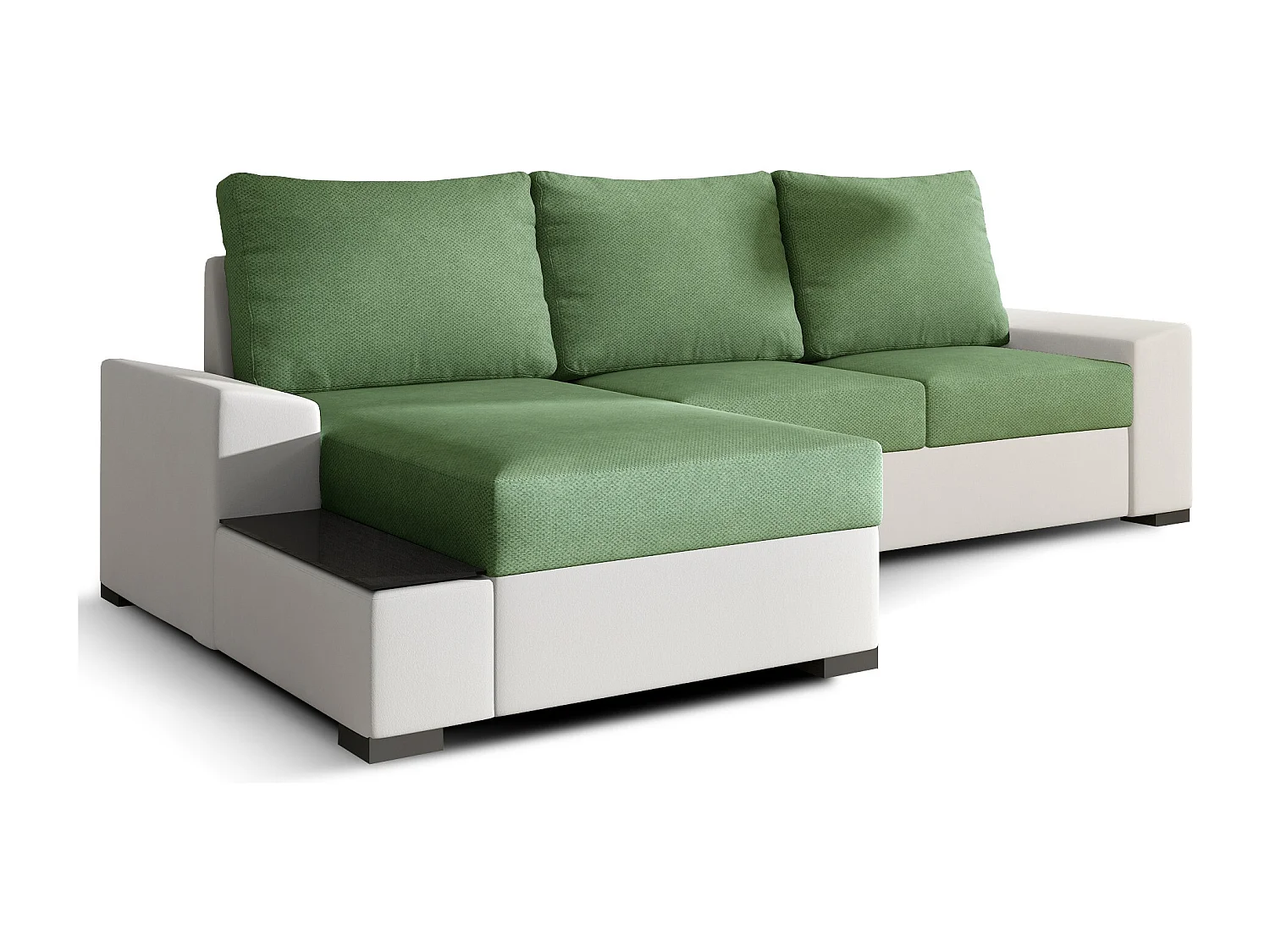 Canapé angle gauche convertible tissu vert clair et simili blanc James 245cm