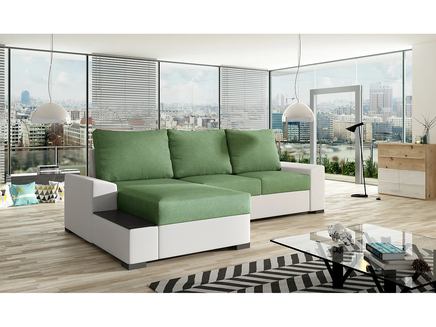 Canapé angle gauche convertible tissu vert clair et simili blanc James 245cm