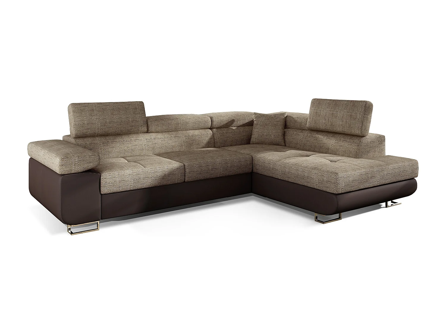 Canapé d'angle droit convertible tissu beige clair chiné et simili cuir marron Marka 275cm