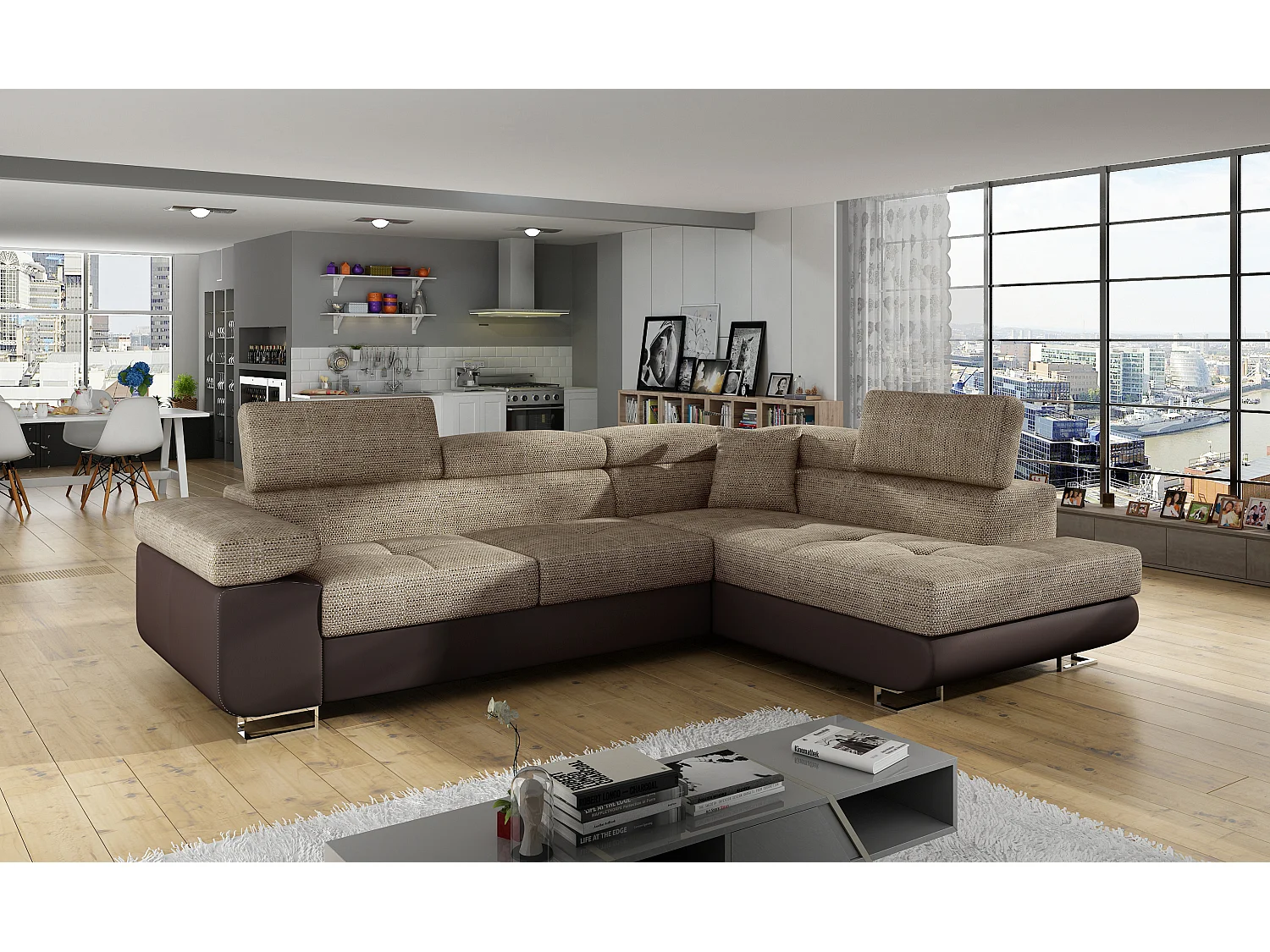 Canapé d'angle droit convertible tissu beige clair chiné et simili cuir marron Marka 275cm