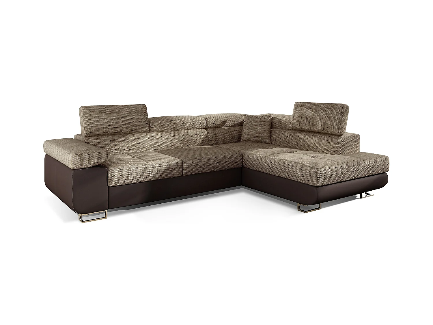 Canapé d'angle droit convertible tissu beige clair chiné et simili cuir marron Marka 275cm