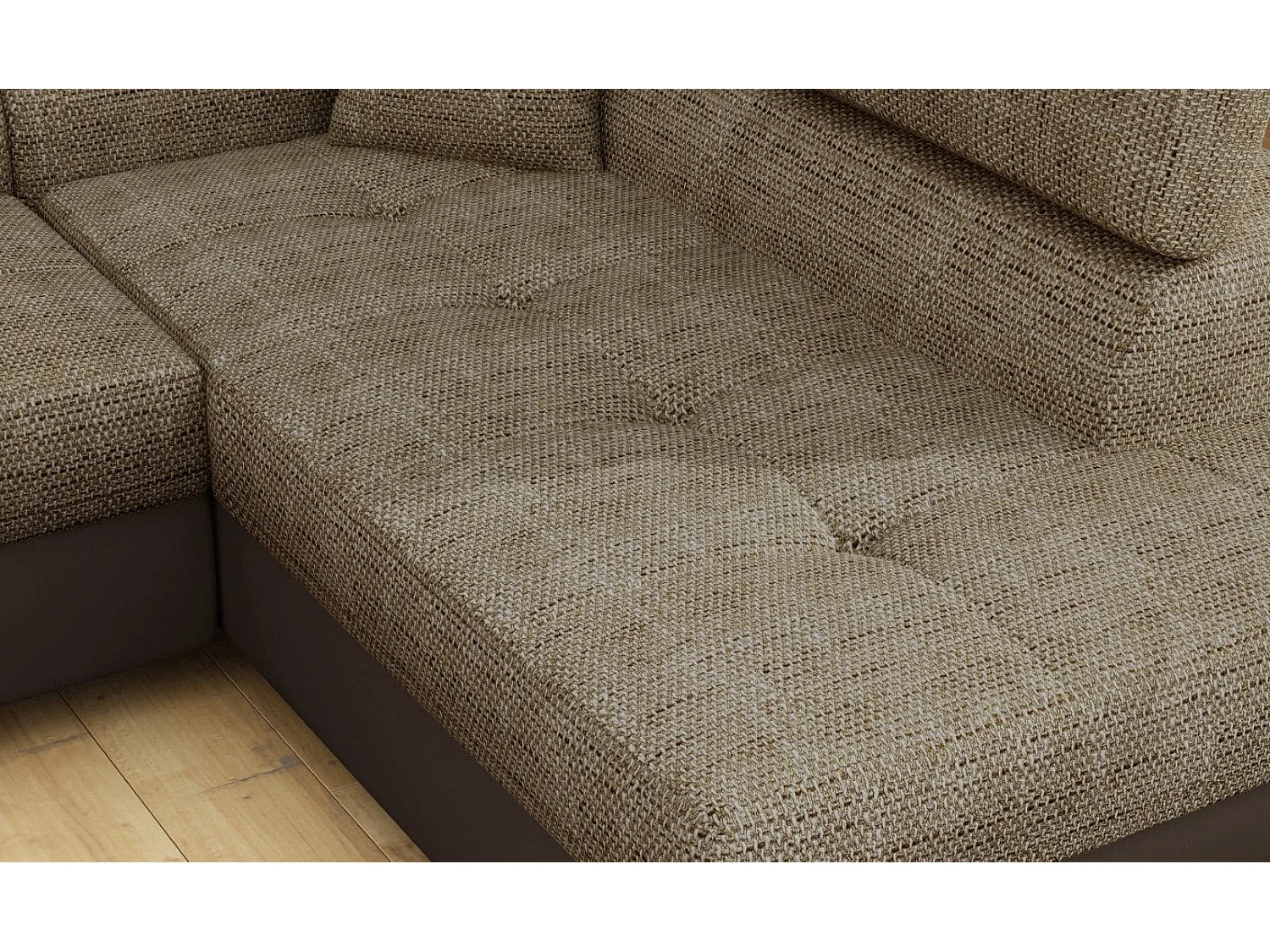 Canapé d'angle convertible simili cuir et tissu MARKA - Coffre et appuis-tête réglables-Marron/Beige chiné-angle droit