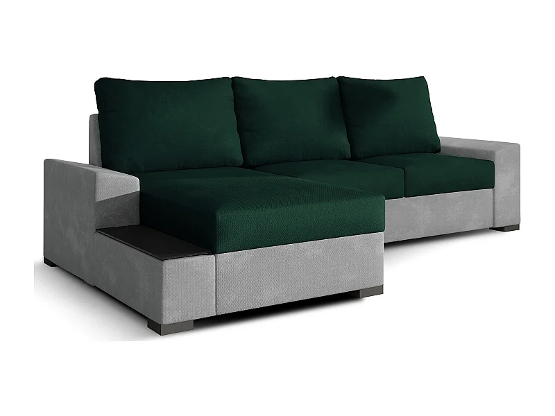 Canapé angle gauche convertible tissu doux gris clair et vert foncé James 245cm