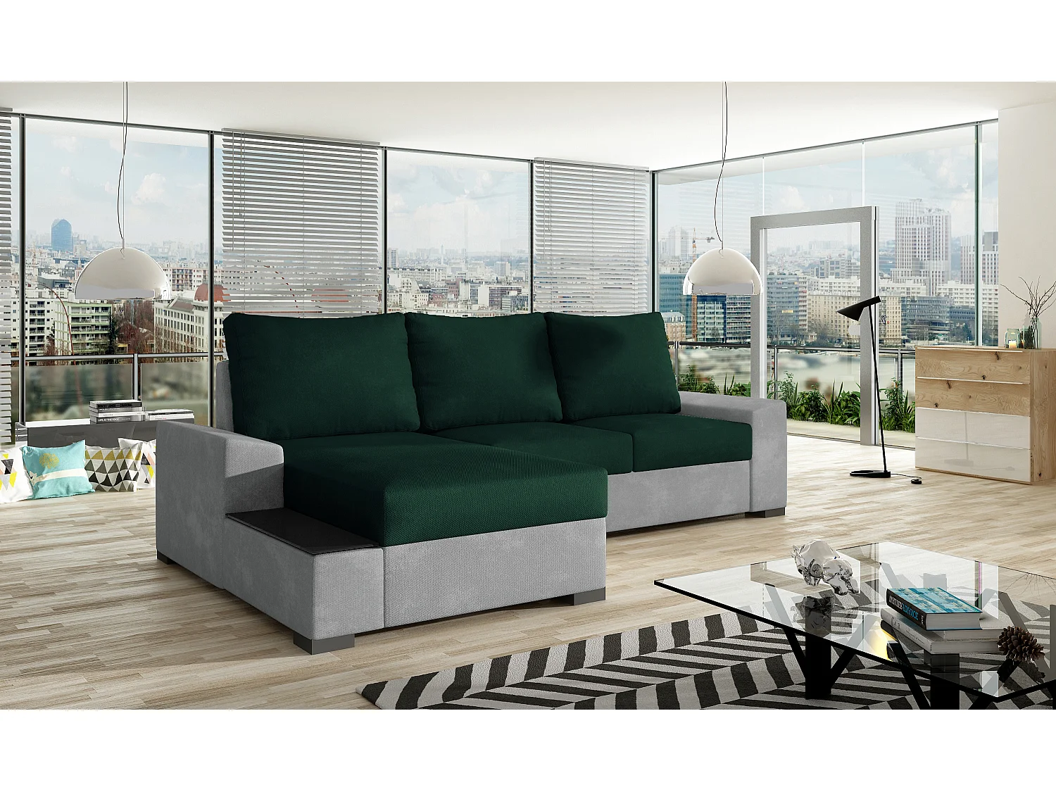 Canapé angle gauche convertible tissu doux gris clair et vert foncé James 245cm