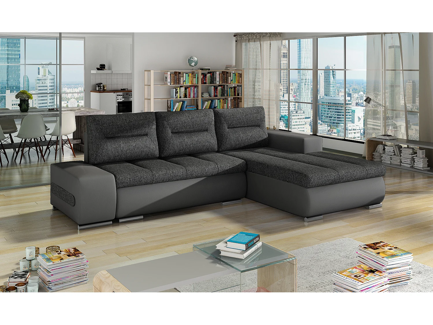 Canapé convertible angle droit tissu gris foncé chiné et simili gris Waker 275cm