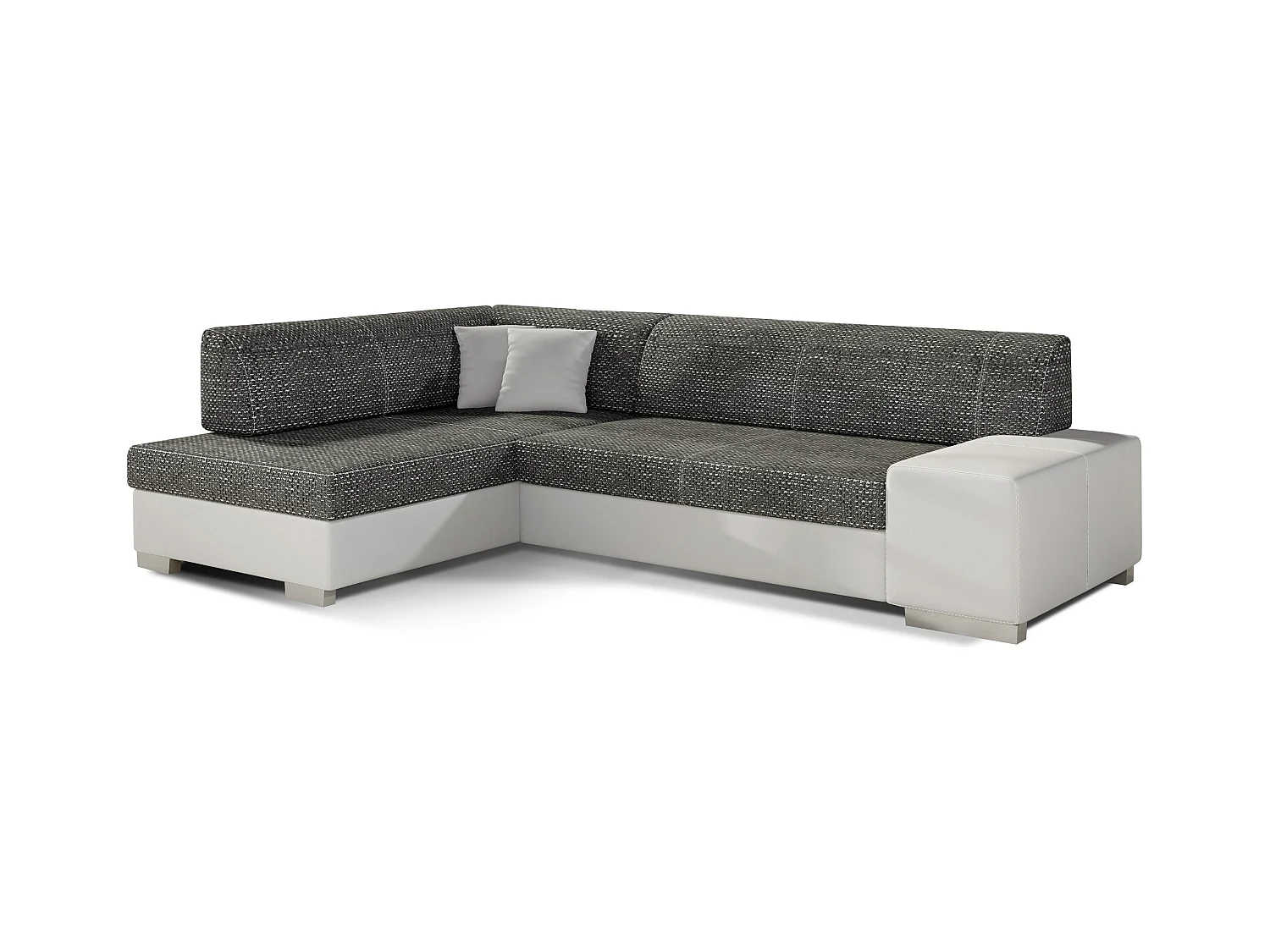 Canapé convertible angle gauche simili cuir blanc et tissu noir chiné Polky 272cm