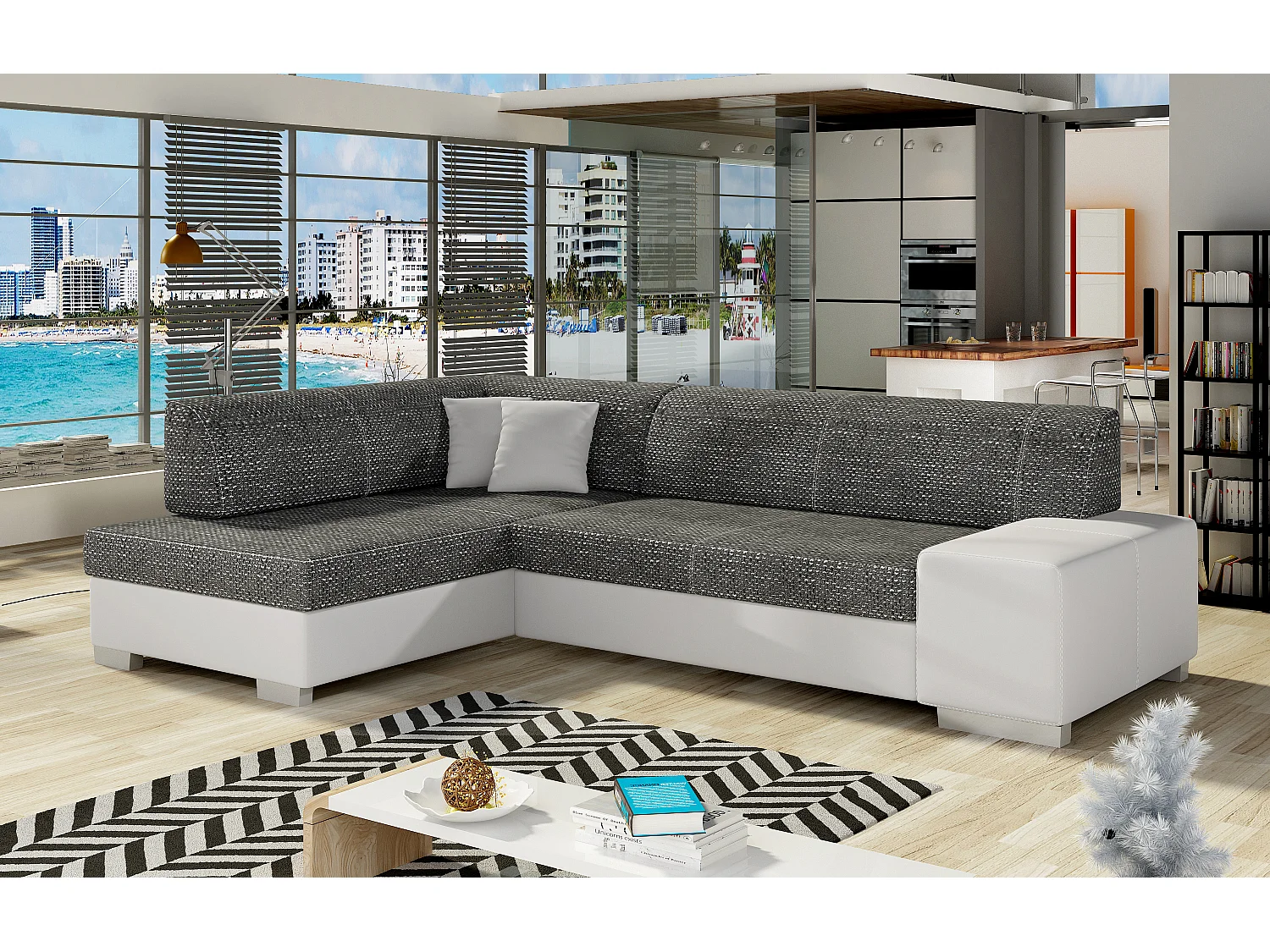 Canapé convertible angle gauche simili cuir blanc et tissu noir chiné Polky 272cm