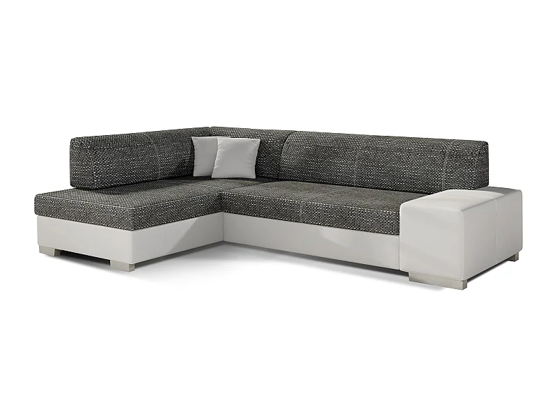 Canapé convertible angle gauche simili cuir blanc et tissu noir chiné Polky 272cm