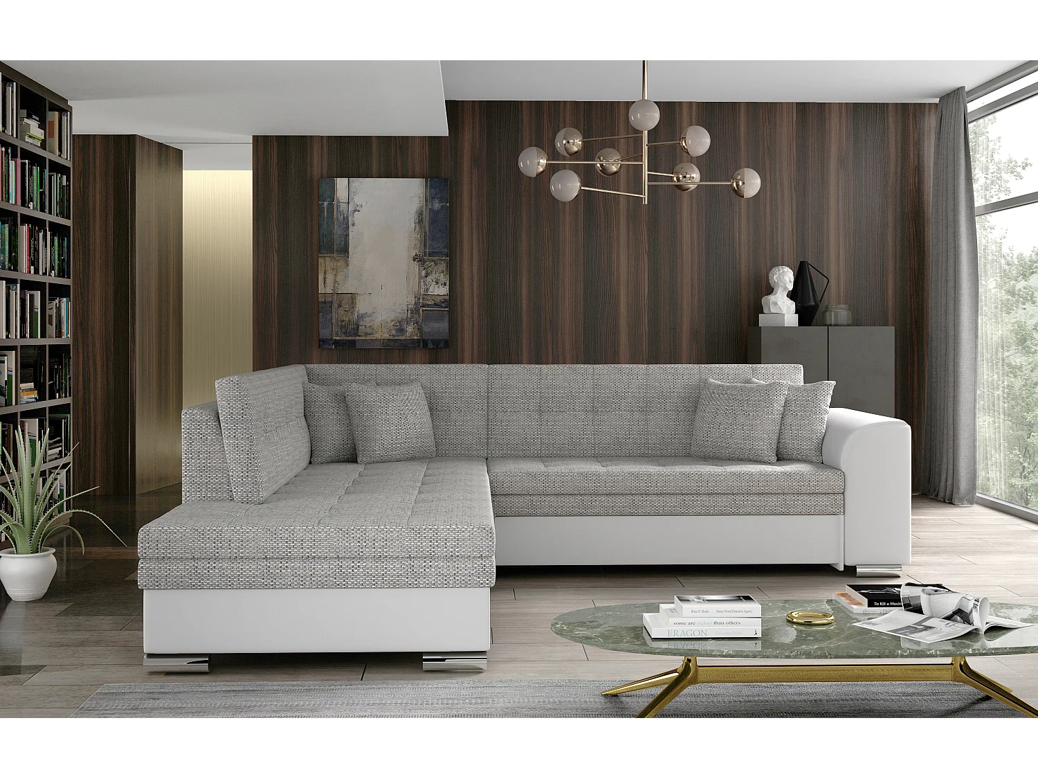 Canapé convertible gauche droit tissu gris chiné et simili blanc Pika 260cm