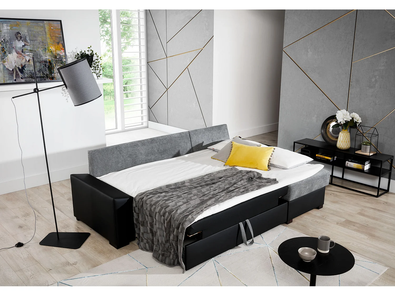 Canapé angle convertible et réversible simili beige et tissu beige clair chiné Luzo 245cm