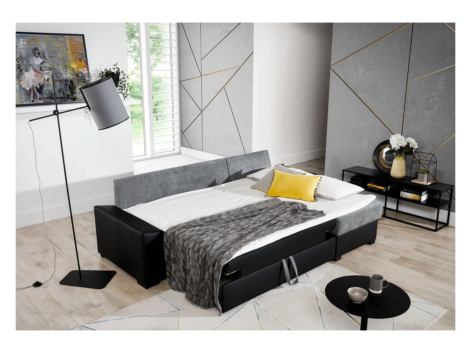 Converteerbare en omkeerbare hoekbank in beige imitatie en lichtbeige gemêleerde stof Luzo 245 cm