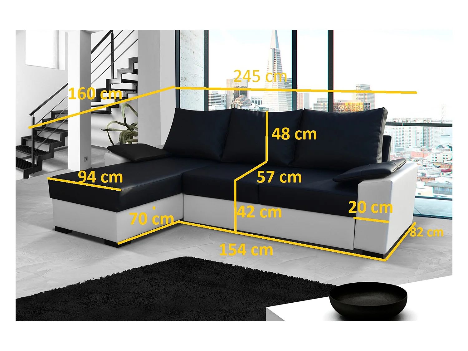 Converteerbare en omkeerbare hoekbank in beige imitatie en lichtbeige gemêleerde stof Luzo 245 cm