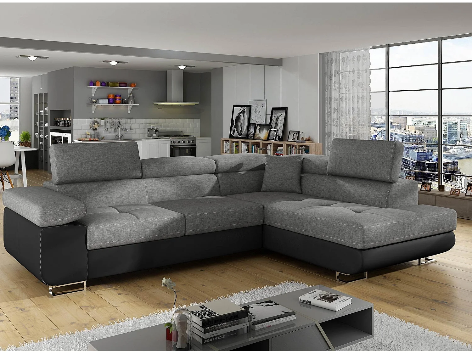 Sofá esquinero convertible en símil piel y tela reposacabezas elevables - Colección Marka-Negro/Gris oscuro-Ángulos rectos