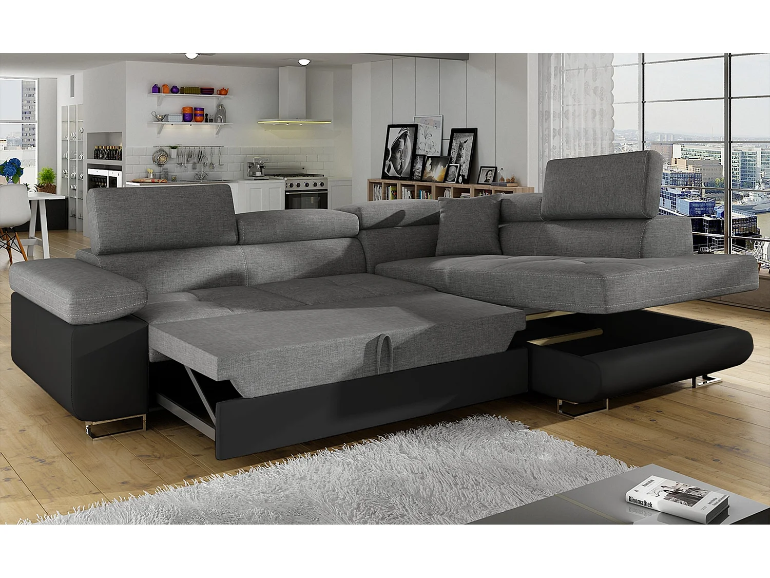 Sofá esquinero convertible en símil piel y tela reposacabezas elevables - Colección Marka-Negro/Gris oscuro-Ángulos rectos