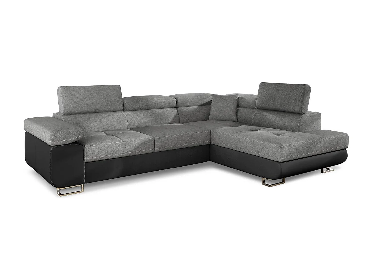 Canapé d'angle convertible simili cuir et tissu MARKA - Coffre et appuis-tête réglables-Noir/Gris foncé-angle droit