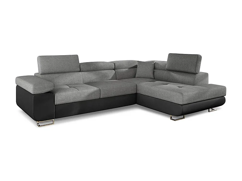 Canapé d'angle convertible simili cuir et tissu MARKA - Coffre et appuis-tête réglables-Noir/Gris foncé-angle droit