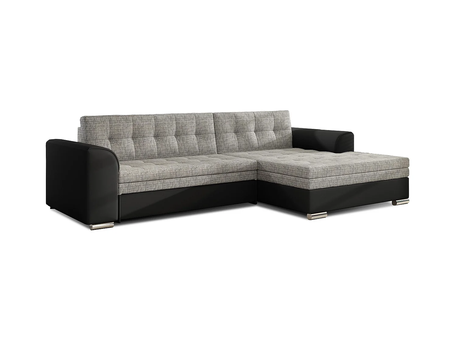 Canapé angle droit convertible tissu gris chiné et simili noir Kapitona 270cm