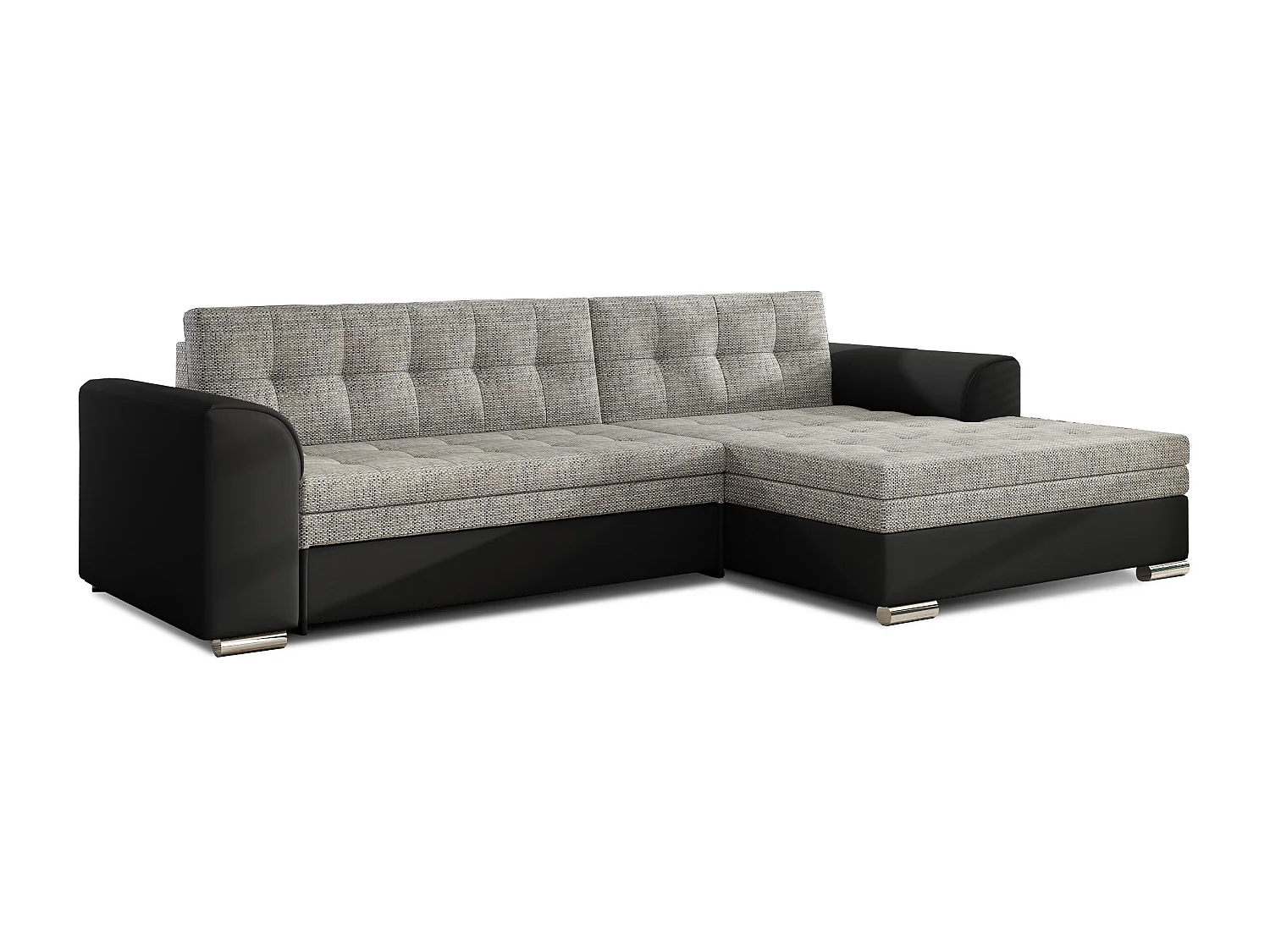 Canapé angle droit convertible tissu gris chiné et simili noir Kapitona 270cm