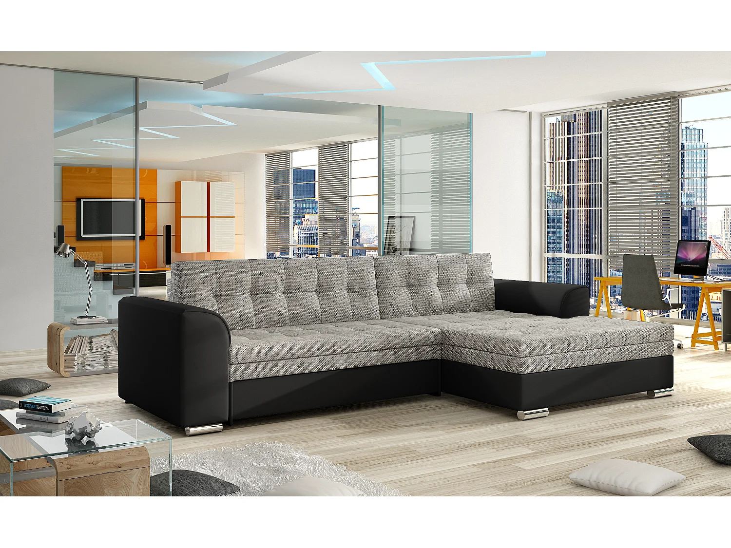 Canapé angle droit convertible tissu gris chiné et simili noir Kapitona 270cm