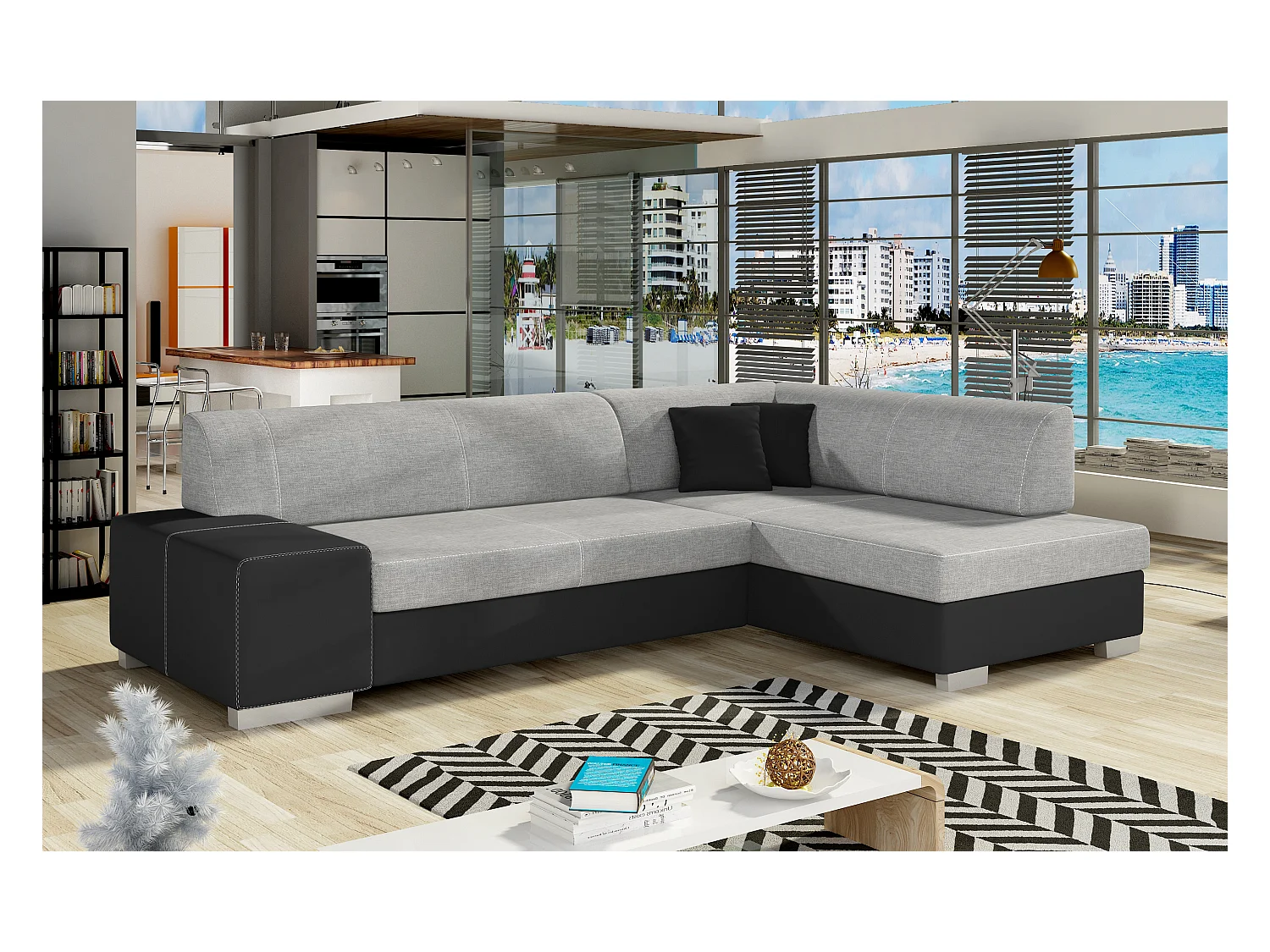 Canapé convertible angle droit tissu gris clair et simili noir Polky 272cm