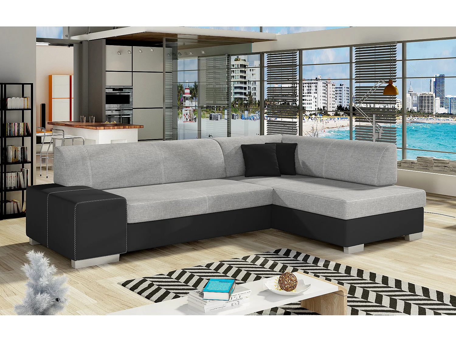 Canapé convertible angle droit tissu gris clair et simili noir Polky 272cm