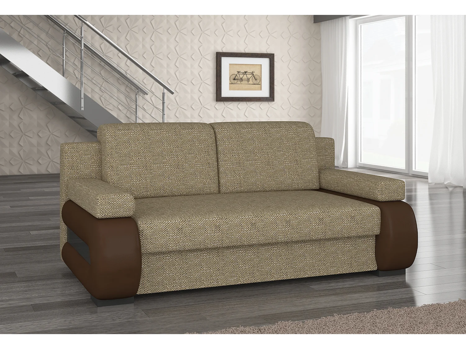 2-zits slaapbank in gemêleerde beige stof en bruin kunstleer Korina 202 cm