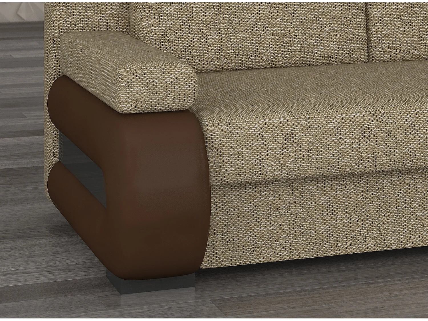 2-zits slaapbank in gemêleerde beige stof en bruin kunstleer Korina 202 cm