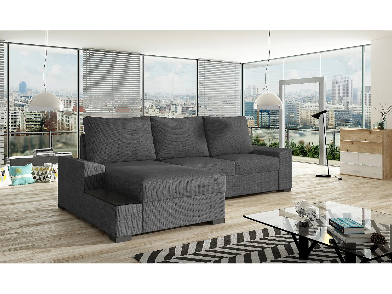 James grijze zachte stoffen converteerbare hoekbank links 245 cm