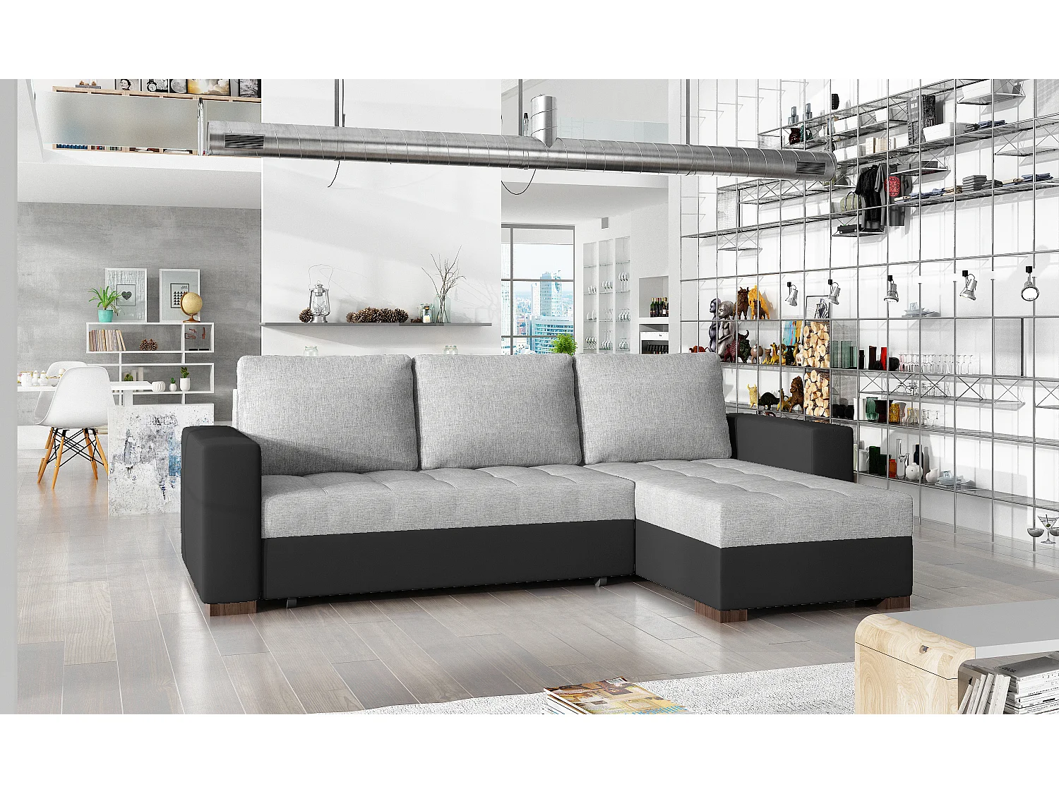 Canapé d'angle convertible et réversible tissu gris clair et simili cuir noir Zelly 237cm