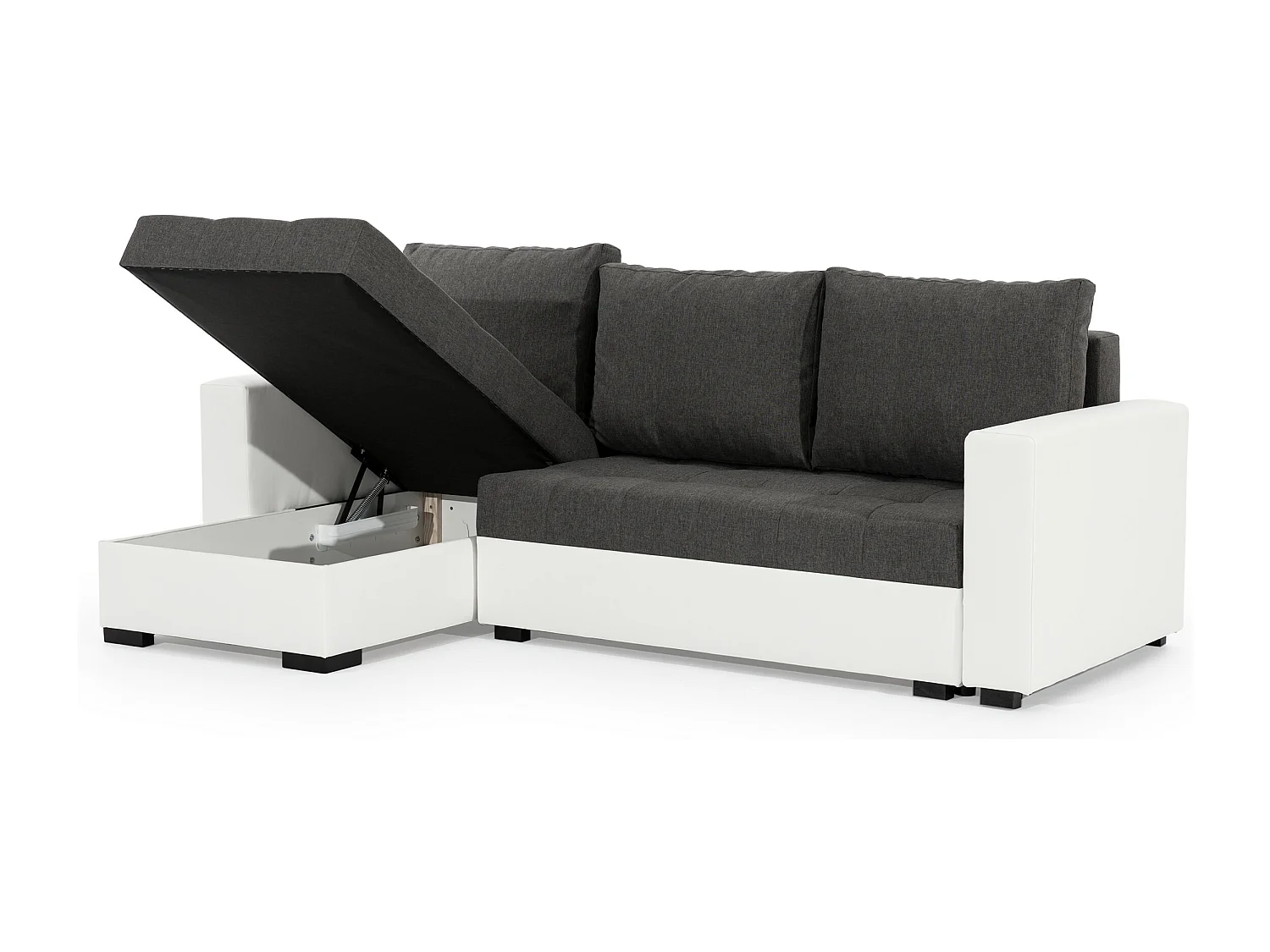 Canapé d'angle convertible et réversible tissu gris clair et simili cuir noir Zelly 237cm