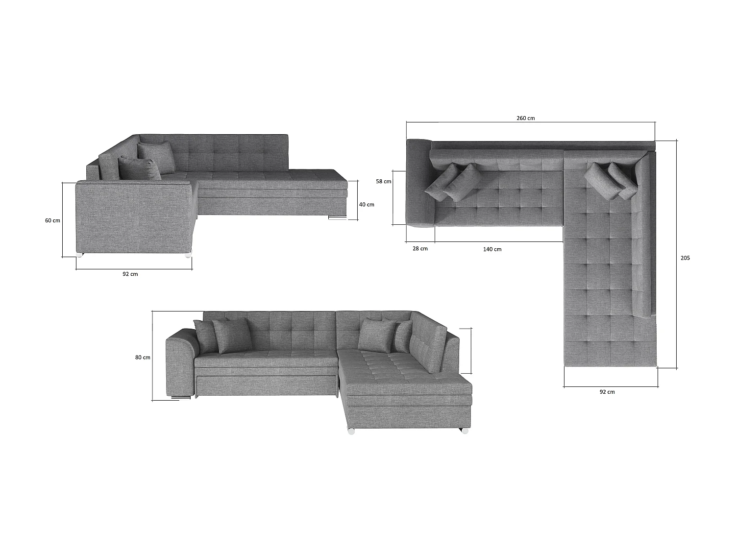 Canapé convertible gauche droit tissu gris et simili blanc Pika 260cm