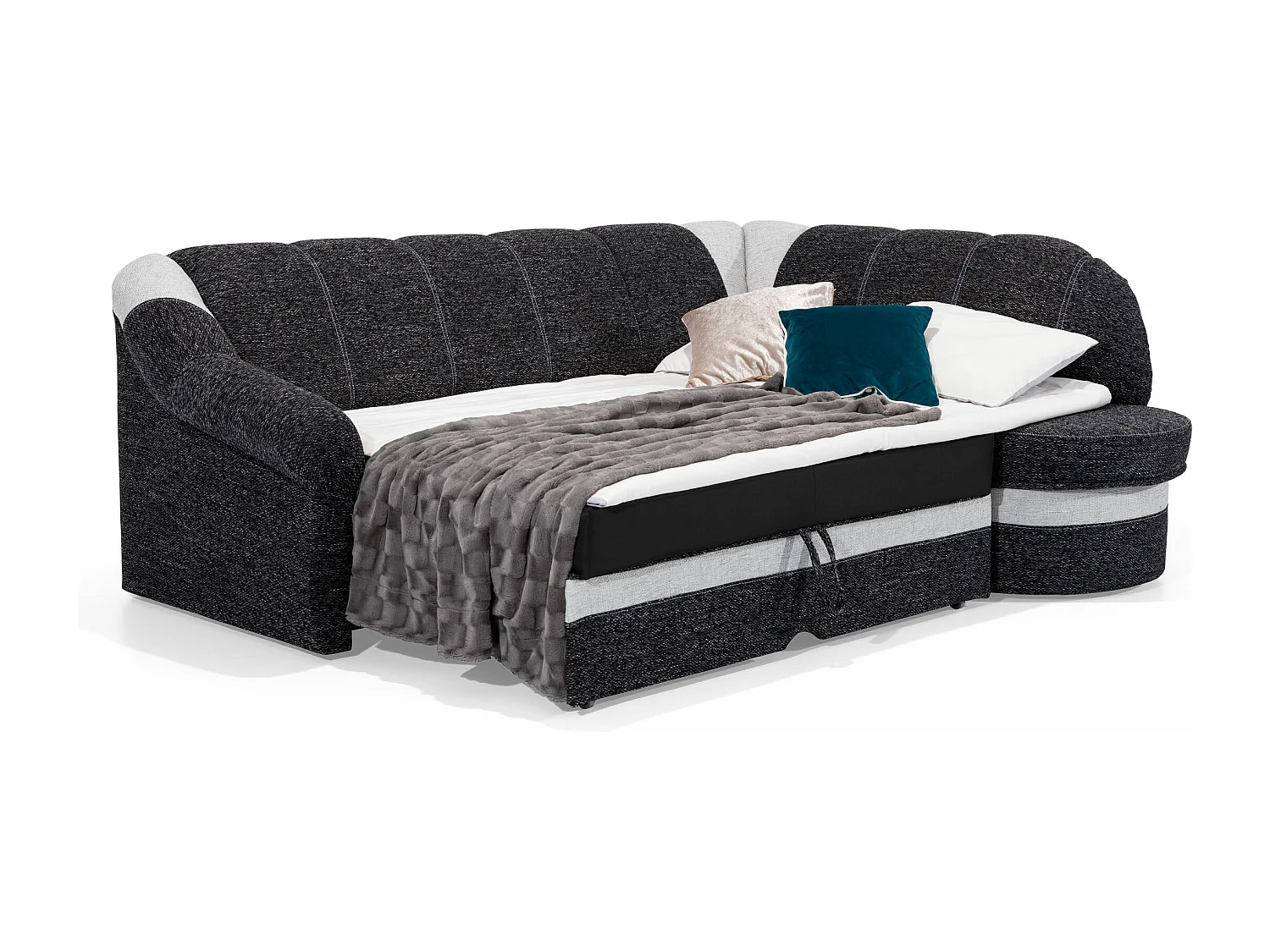 Converteerbare hoekbank rechts in gemêleerde donkergrijze stof en lichtgrijze imitatie Sundy 250 cm