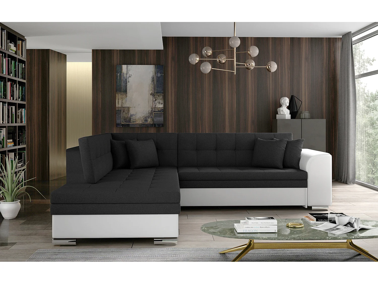 Canapé convertible gauche droit tissu noir et simili blanc Pika 260cm