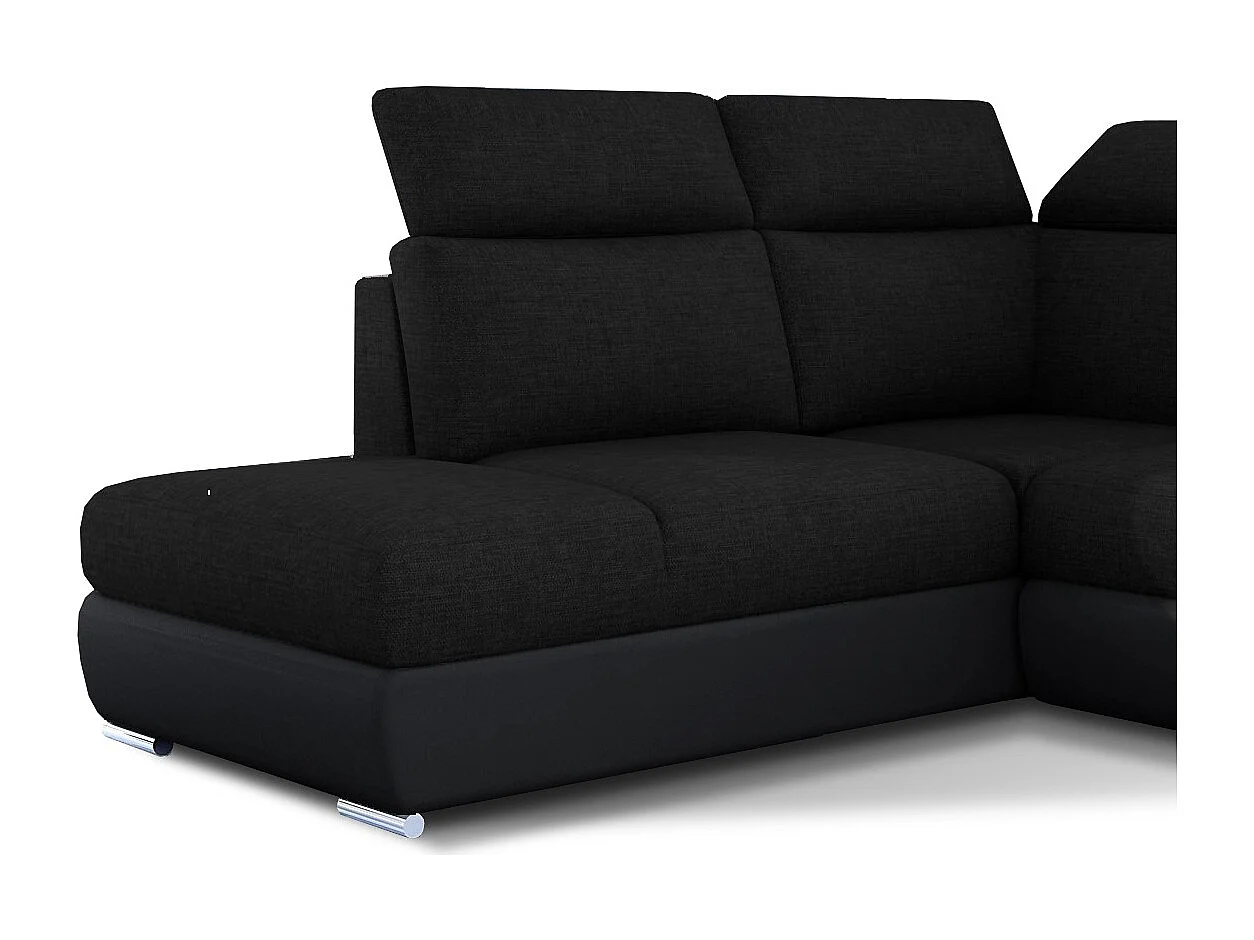 Canapé angle gauche convertible tissu et simili cuir noir avec appuis-tête réglables Kepita 260cm
