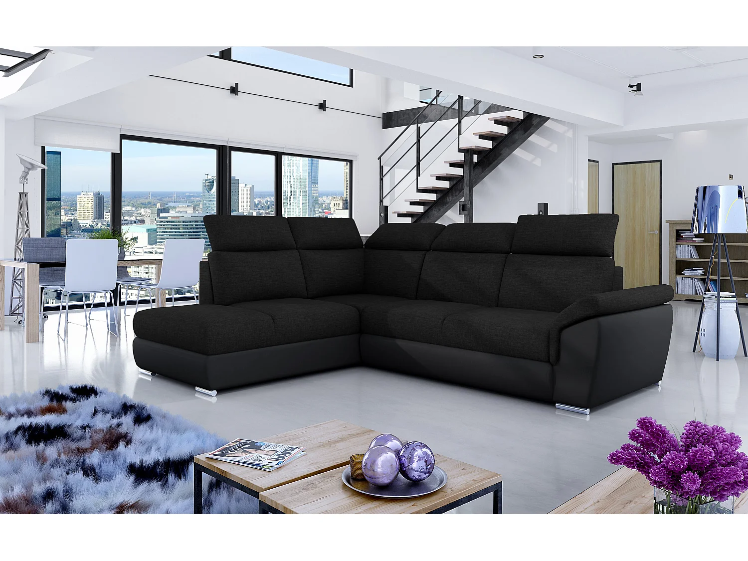 Canapé angle gauche convertible tissu et simili cuir noir avec appuis-tête réglables Kepita 260cm