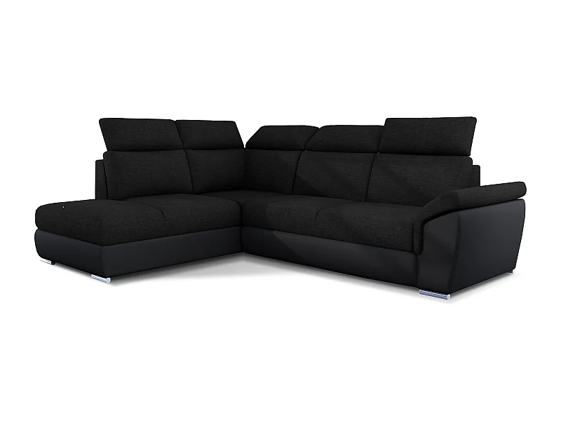 Canapé angle gauche convertible tissu et simili cuir noir avec appuis-tête réglables Kepita 260cm