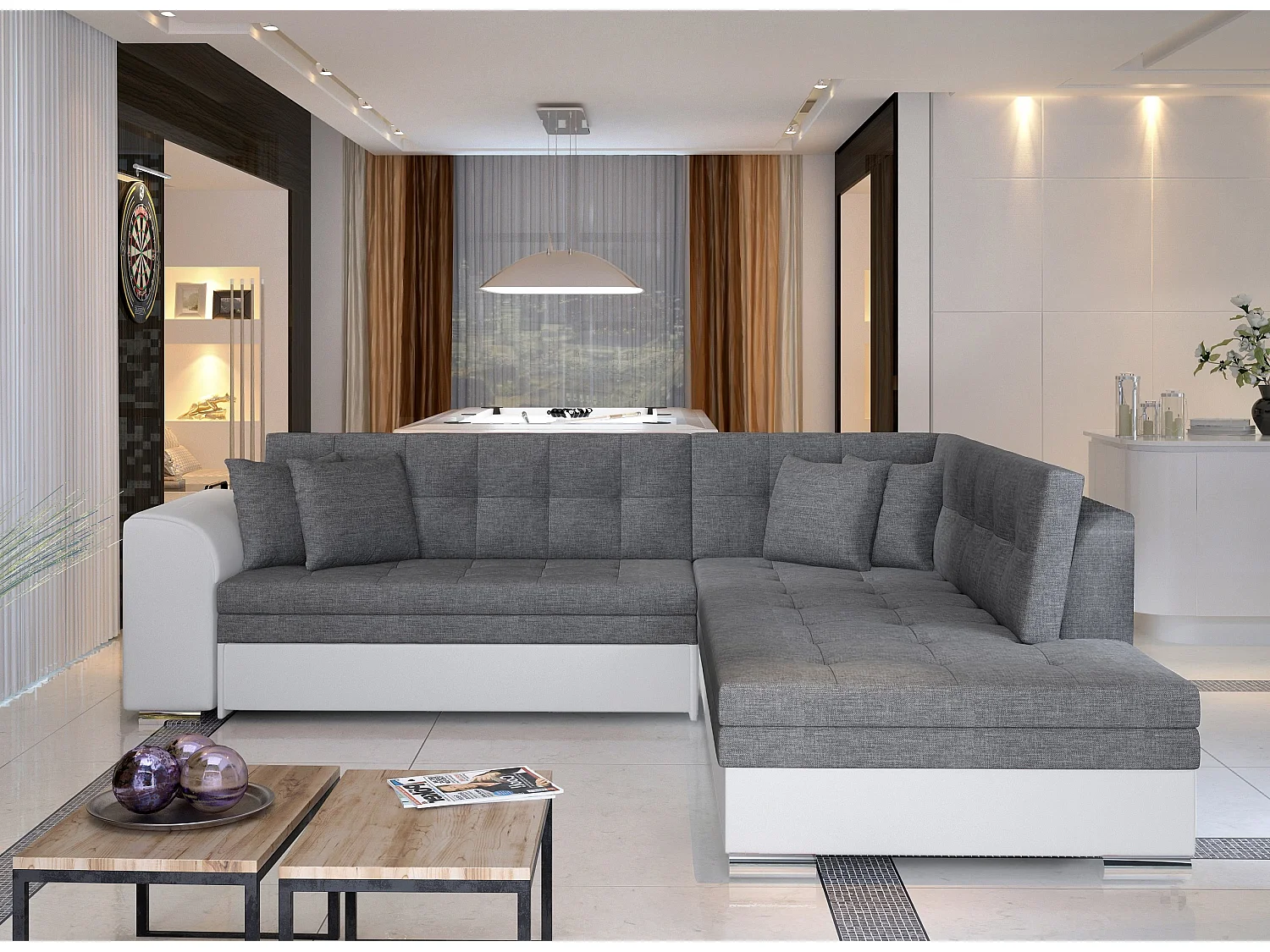 Canapé convertible angle droit tissu gris et simili blanc Pika 260cm