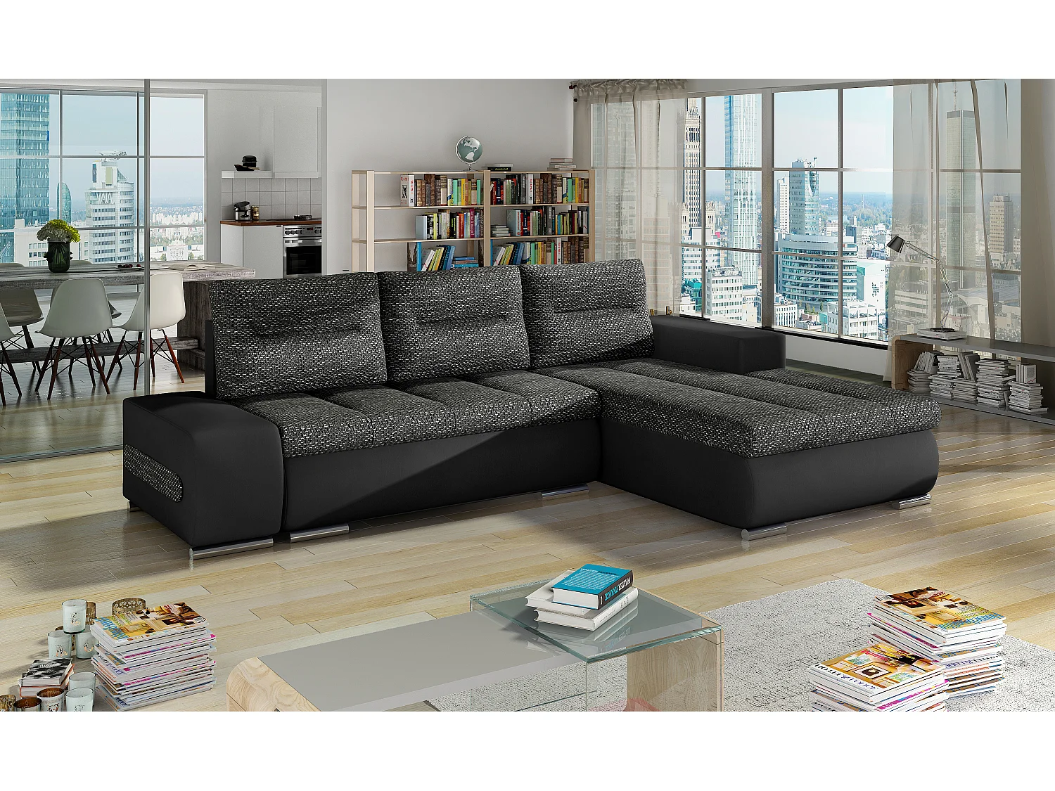 Canapé convertible angle droit tissu noir chiné et simili noir Waker 275cm
