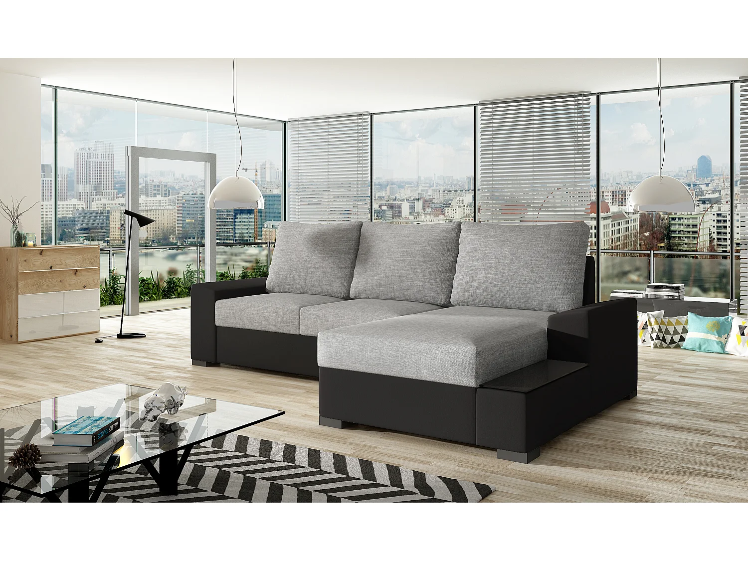 Canapé angle droit convertible tissu gris clair et simili noir James 245cm