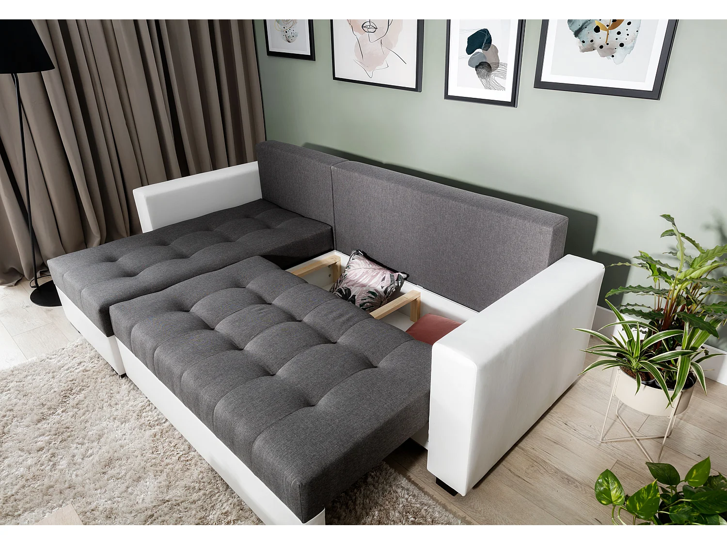 Canapé d'angle convertible et réversible tissu gris foncé et simili cuir blanc Zelly 237cm