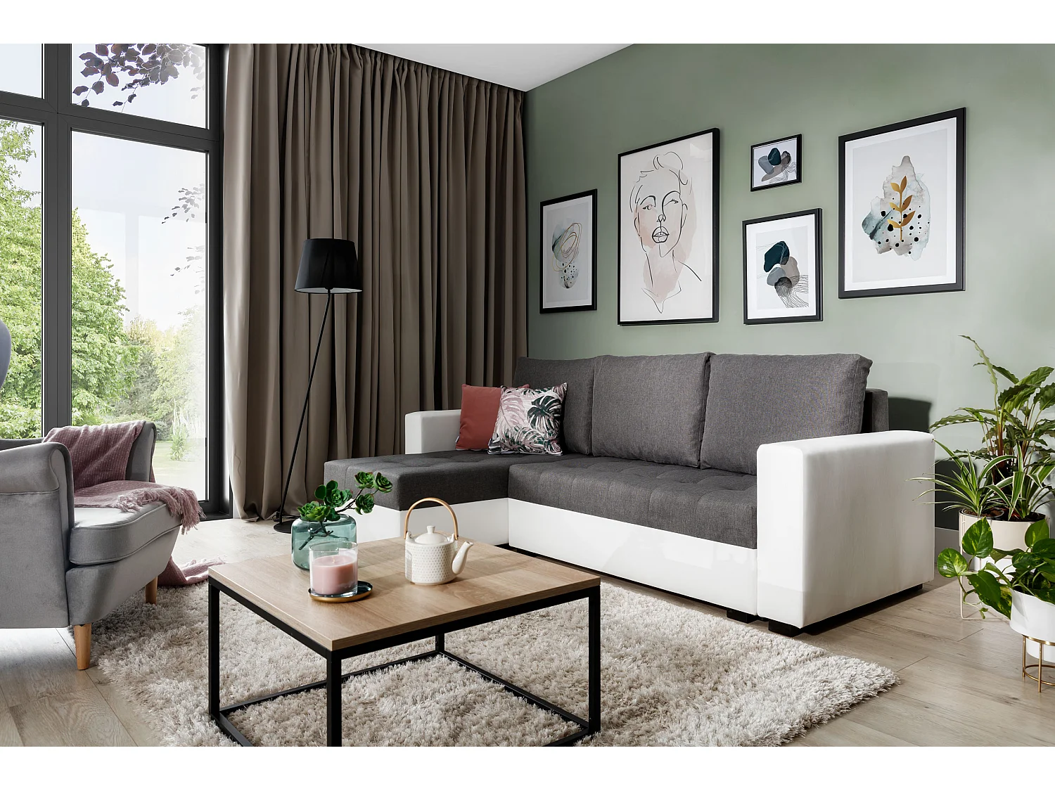 Canapé d'angle convertible et réversible tissu gris foncé et simili cuir blanc Zelly 237cm